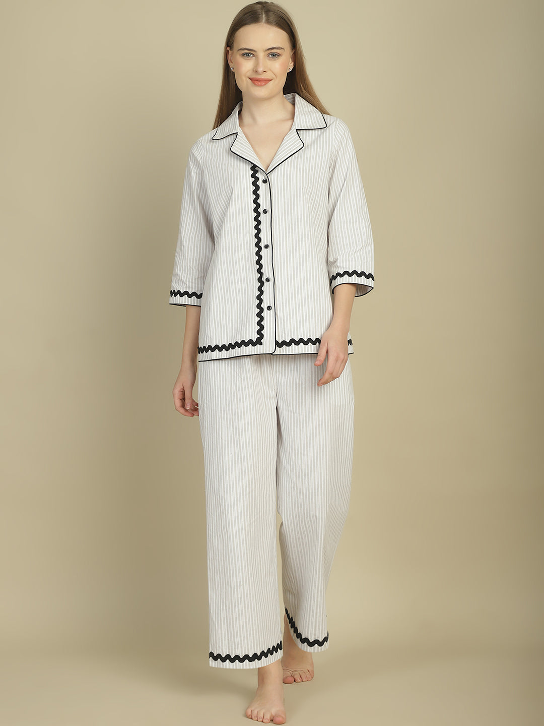Blanc9 Contrast Black Lace Grey & White Stripes Nightwear