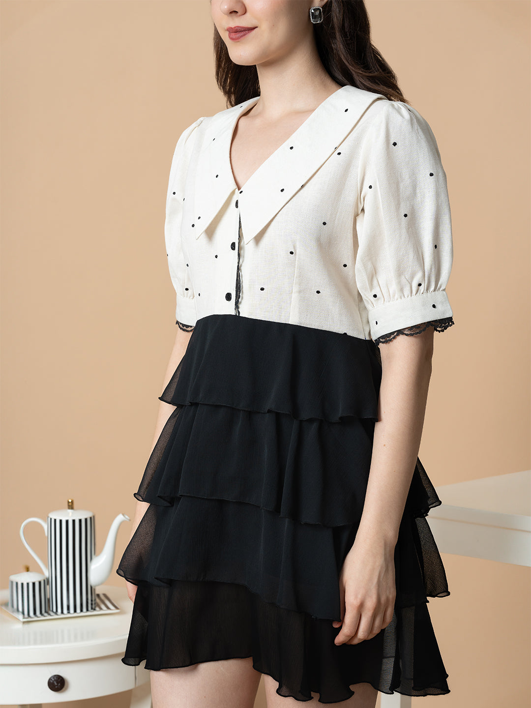 Cream & Black Polka Tiered Dress