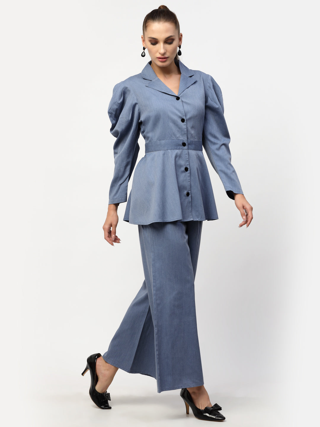 Blanc9 Denim Peplum Top With Trouser Co-Ord Set-B9ST91