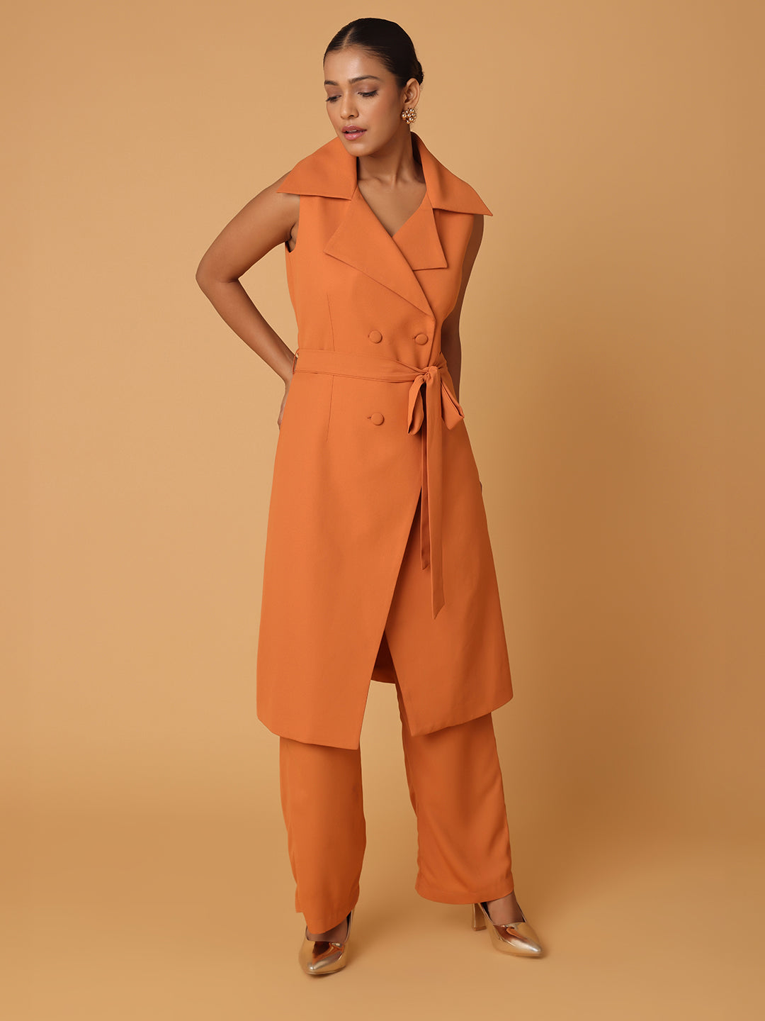 Blanc9 Dull Orange Long Blazer With Trousers