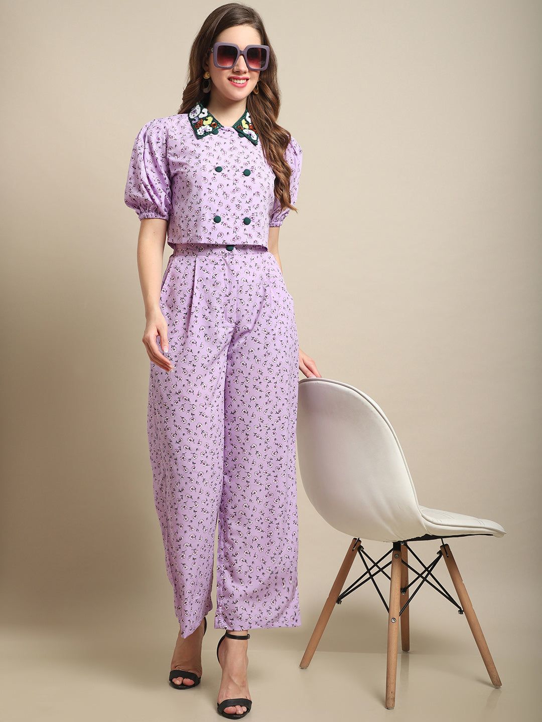 Blanc9 Embellished Collar Top With Purple Printed Co-Ord Set