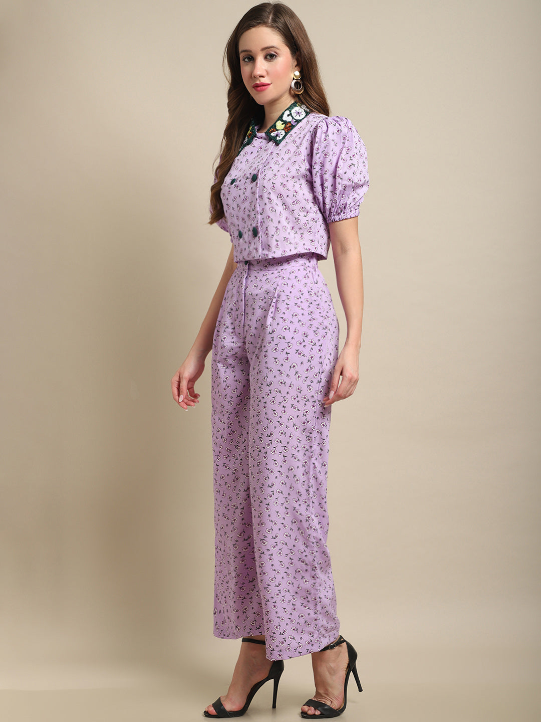 Blanc9 Embellished Collar Top With Purple Printed Co-Ord Set
