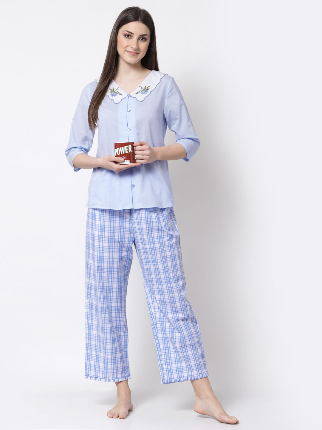 Blanc9 Embroidered Collar Shirt With Check Pyjama Cotton Night Suit-B9NW29