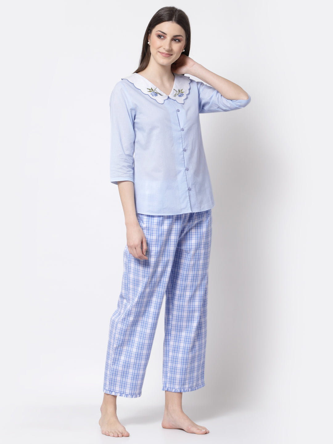Blanc9 Embroidered Collar Shirt With Check Pyjama Cotton Night Suit-B9NW29