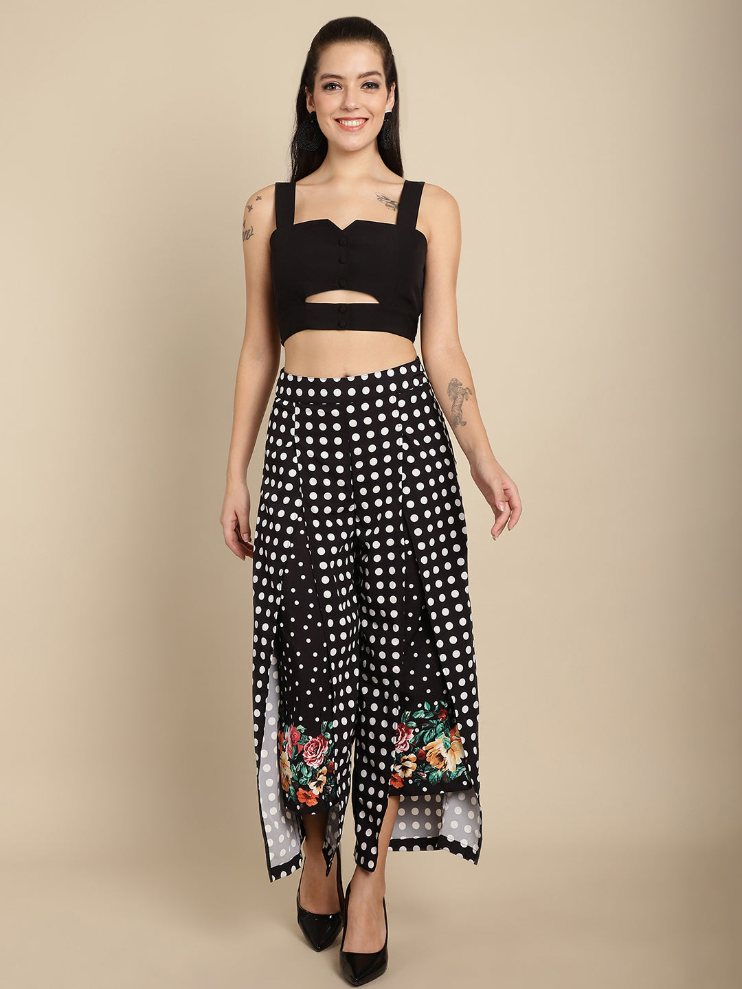 Blanc9 Floral Dot Printed Trouser With Cut-Out Crop Top-B9ST142