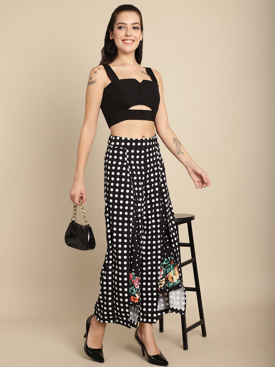 Blanc9 Floral Dot Printed Trouser With Cut-Out Crop Top-B9ST142