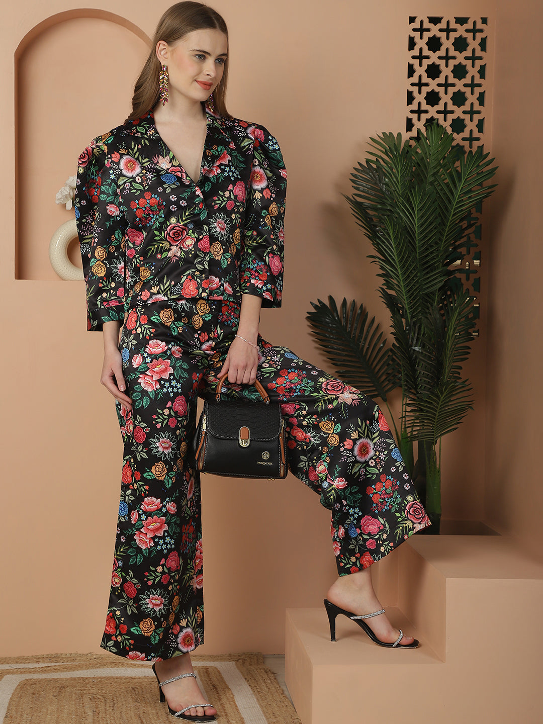 Blanc9 Floral Printed Black Cotton Satin Top With Pants Co-Ord Set