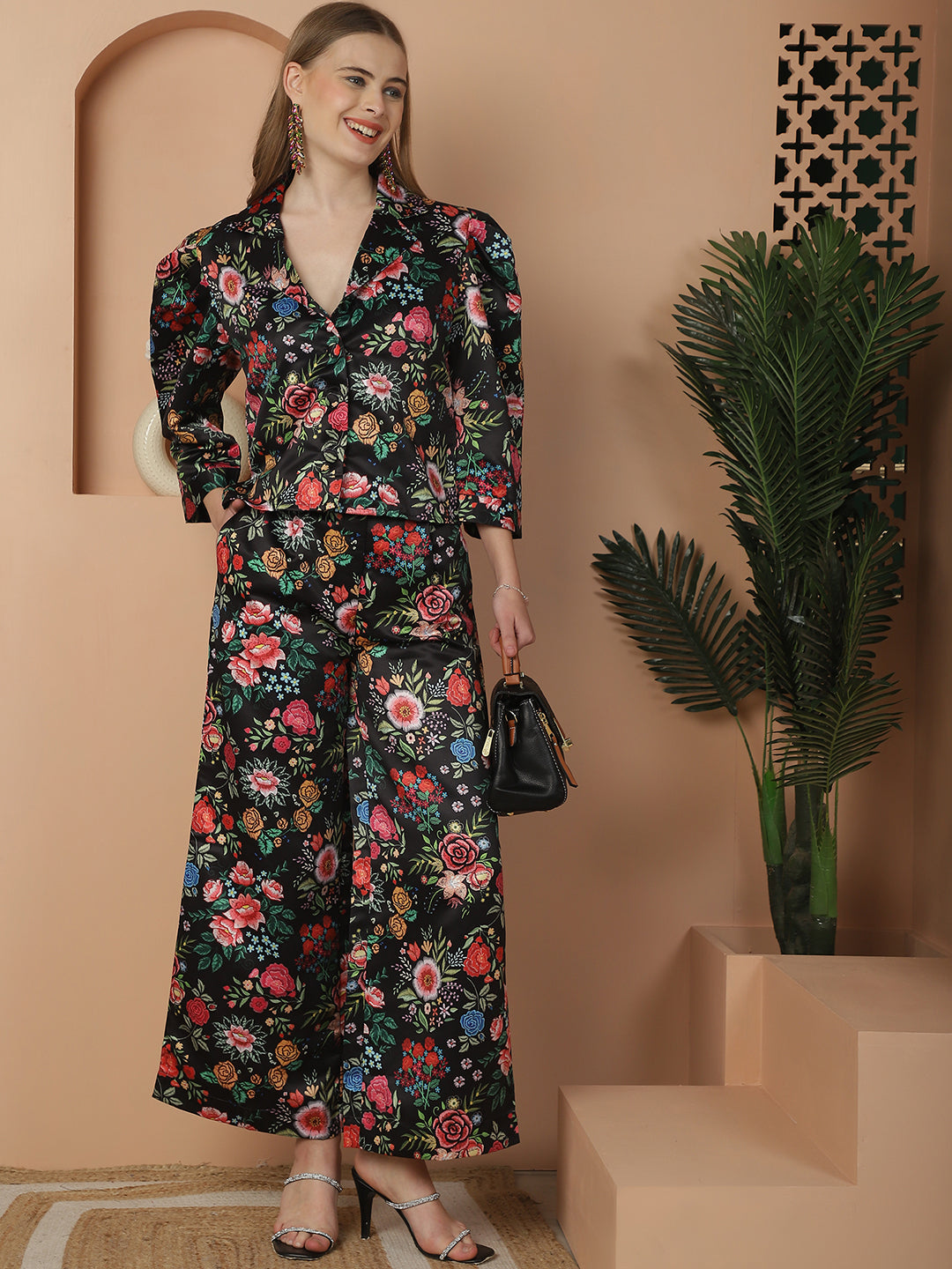 Blanc9 Floral Printed Black Cotton Satin Top With Pants Co-Ord Set