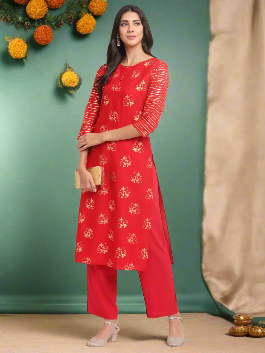 Foil Floral Striped Kurti