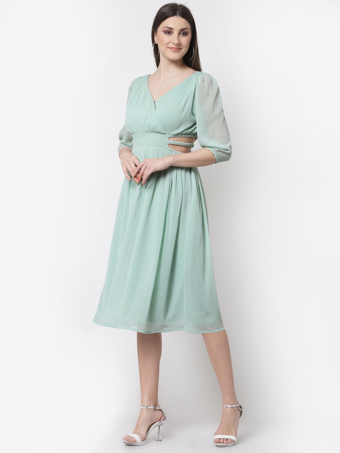 Blanc9 Green Chiffon Cutout Flared Dress-B9DR85