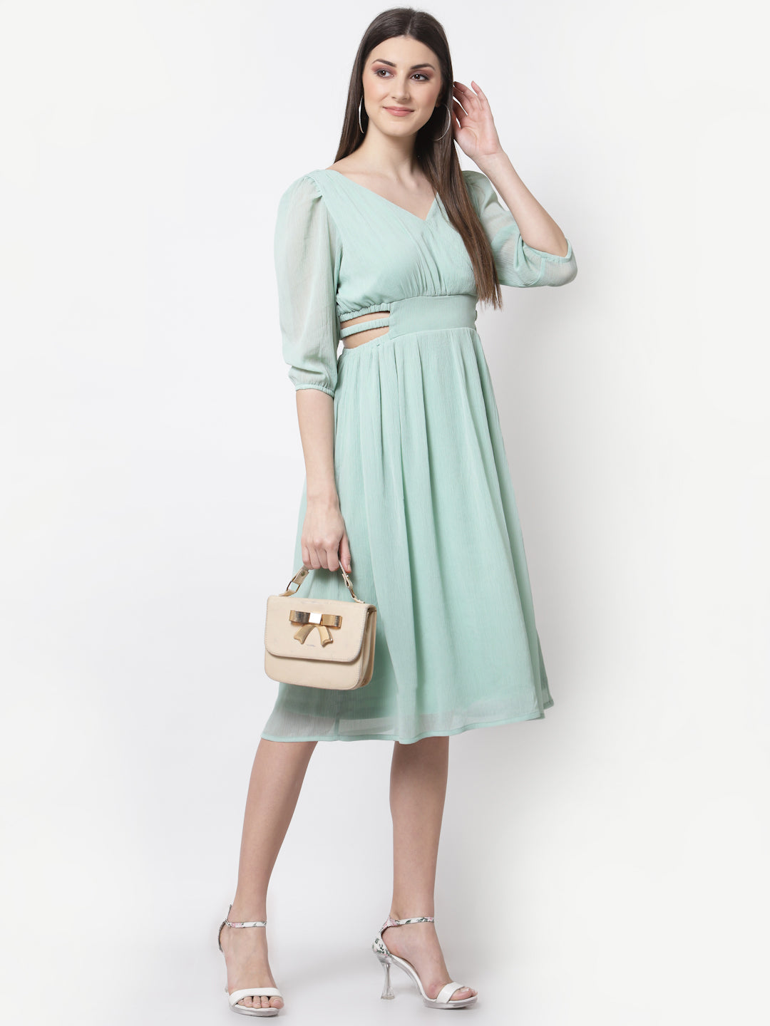 Blanc9 Green Chiffon Cutout Flared Dress-B9DR85