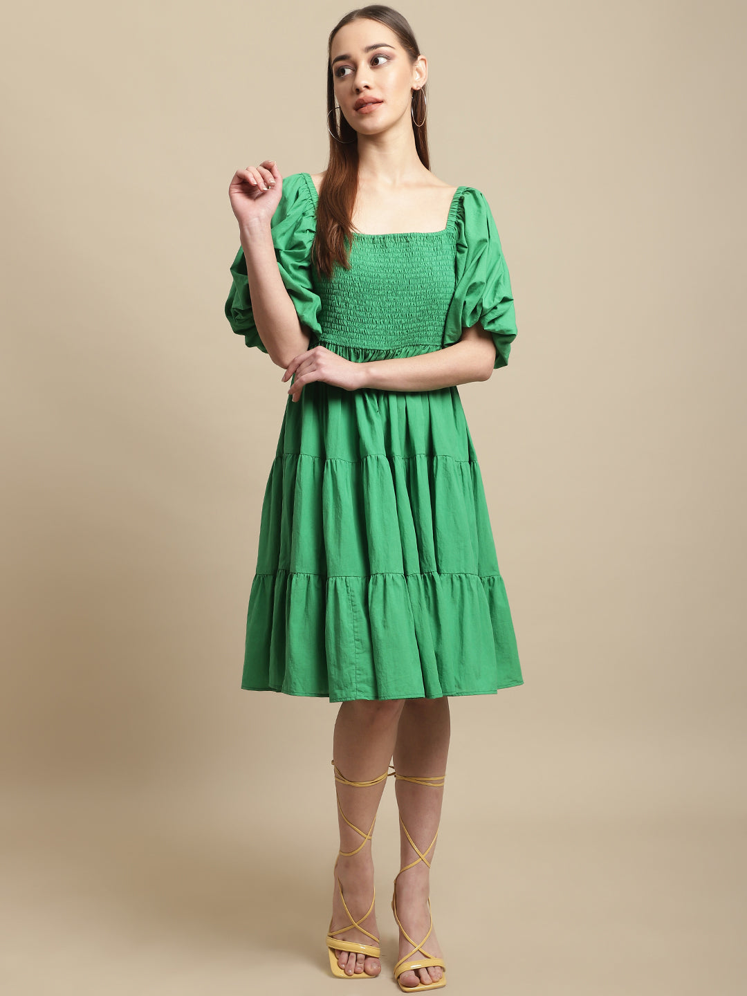 Green Melon Sleeve Cotton Flared Dress