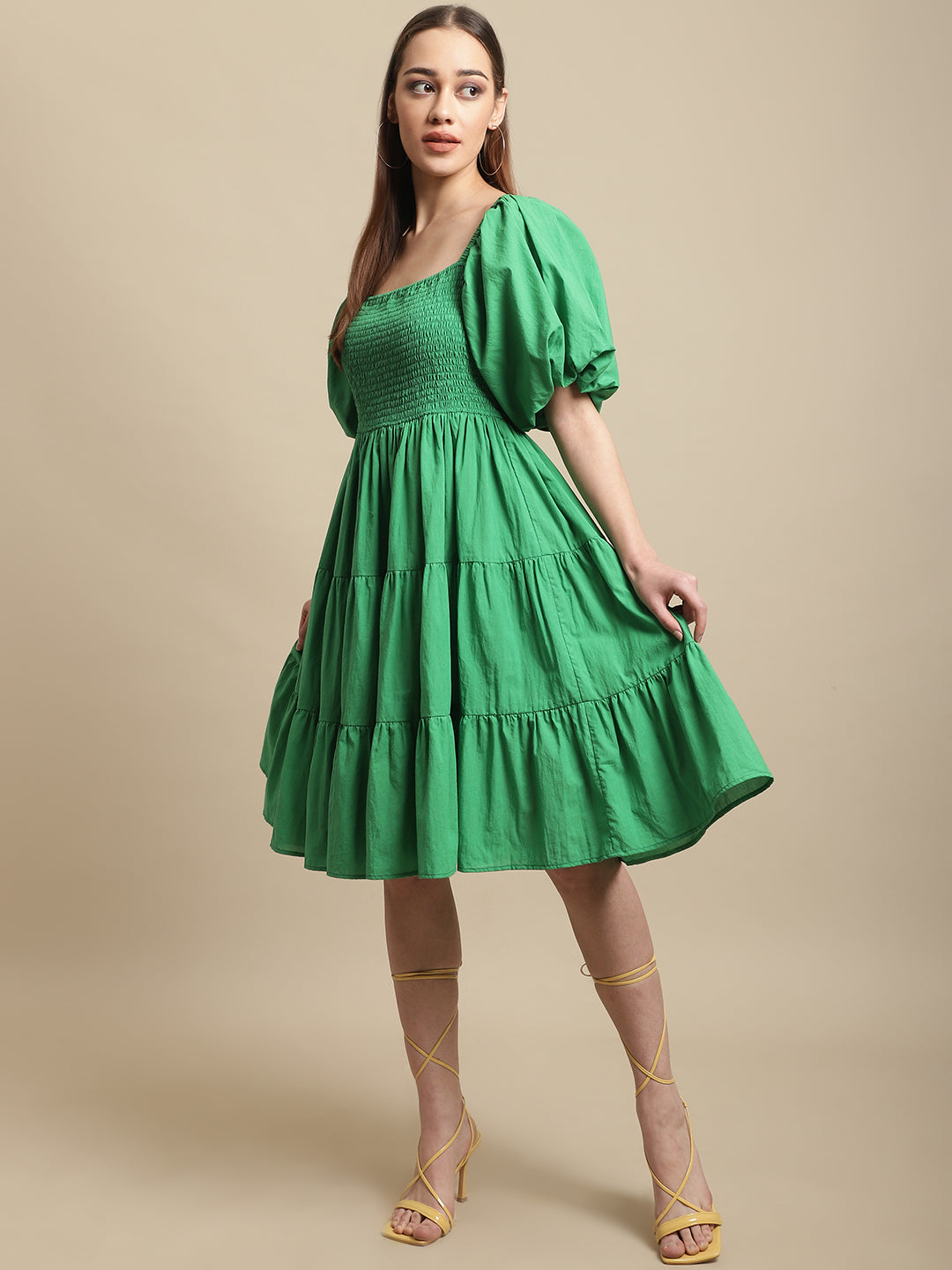 Blanc9 Green Melon Sleeve Cotton Flared Dress-B9DR145