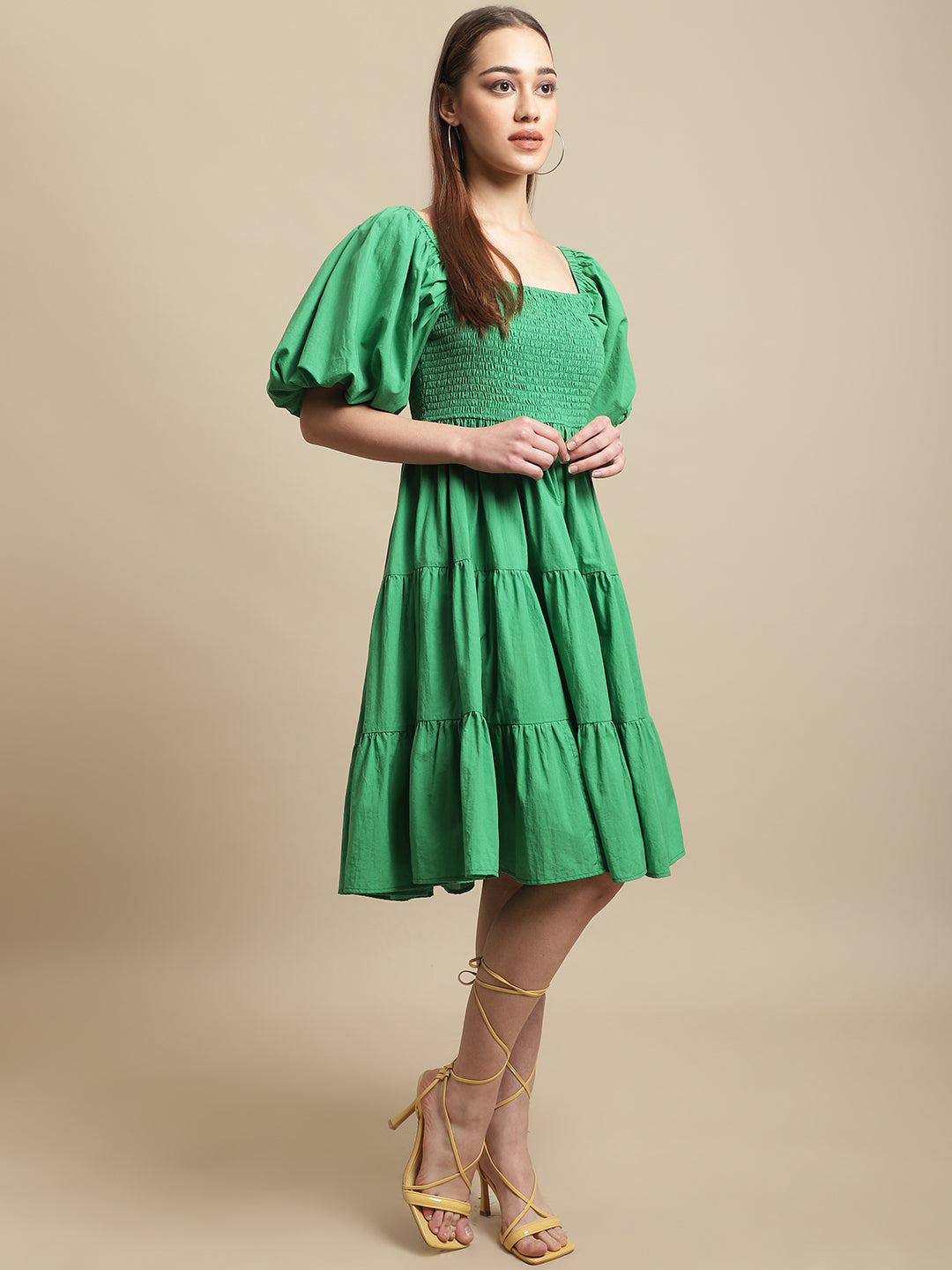 Blanc9 Green Melon Sleeve Cotton Flared Dress-B9DR145.