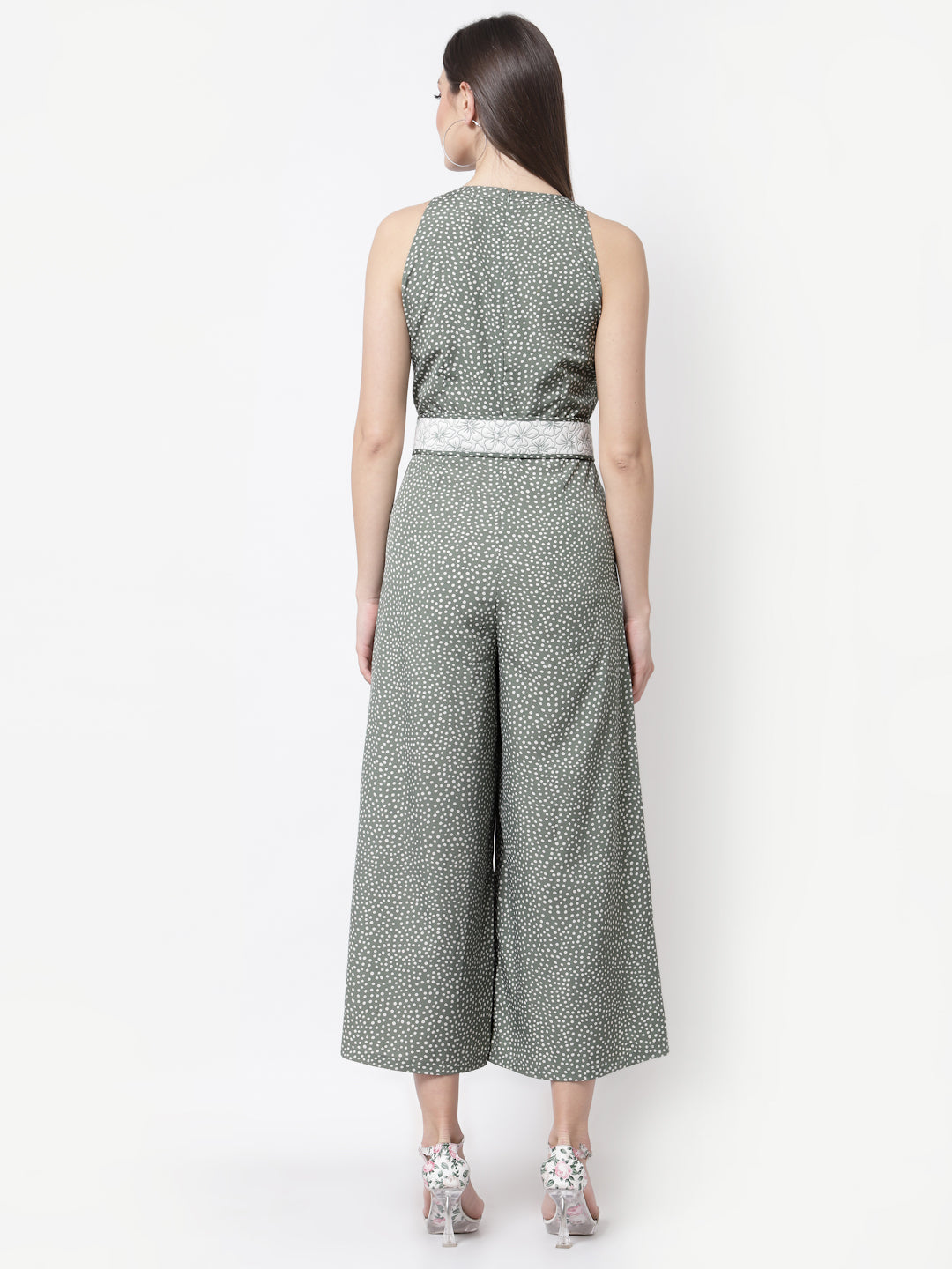 Blanc9 Green Polka Printed Jumpsuit With Quilted Belt-B9DR91