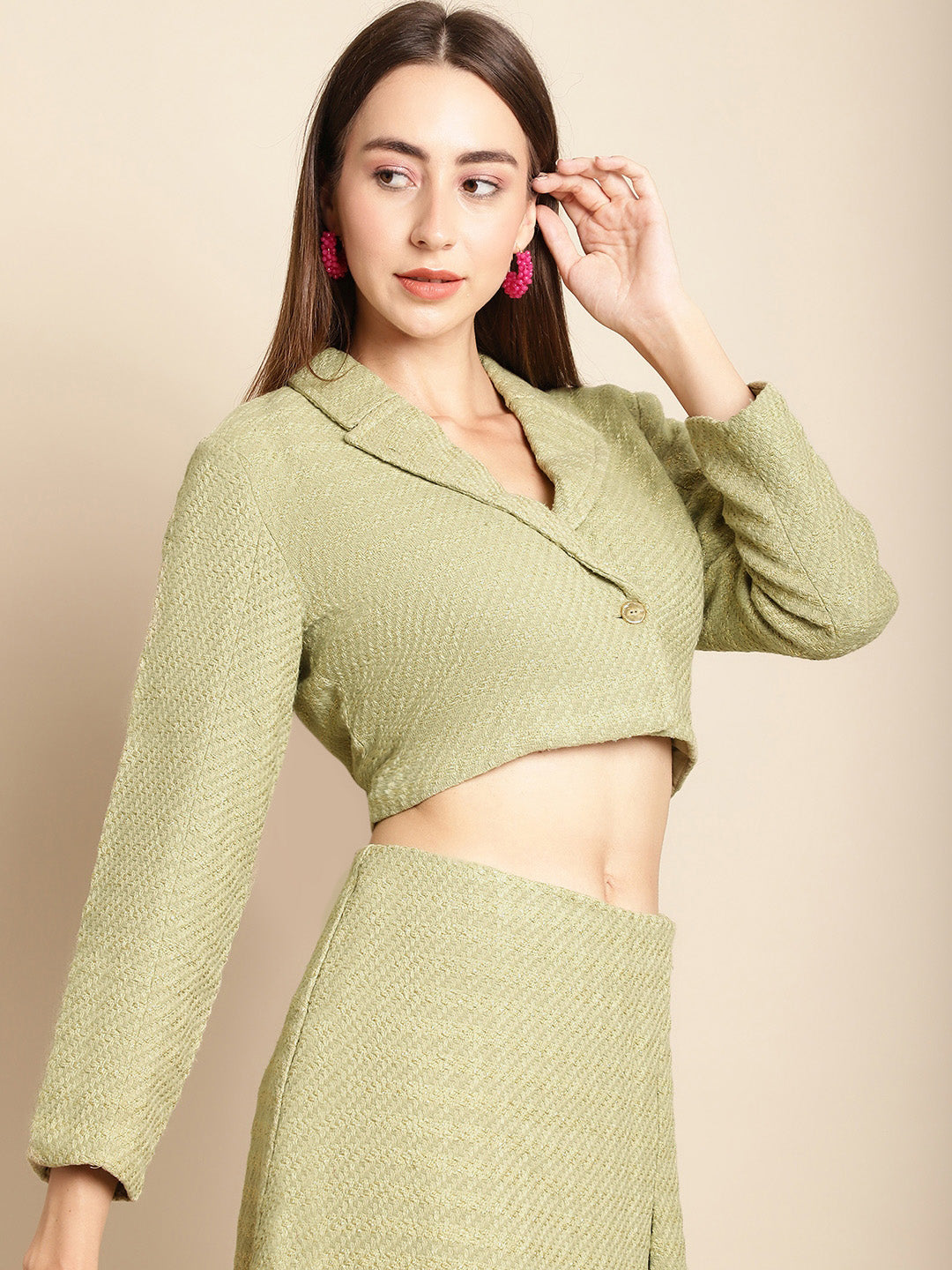Blanc9 Green Short Blazer With Skirt Co-Ord Set