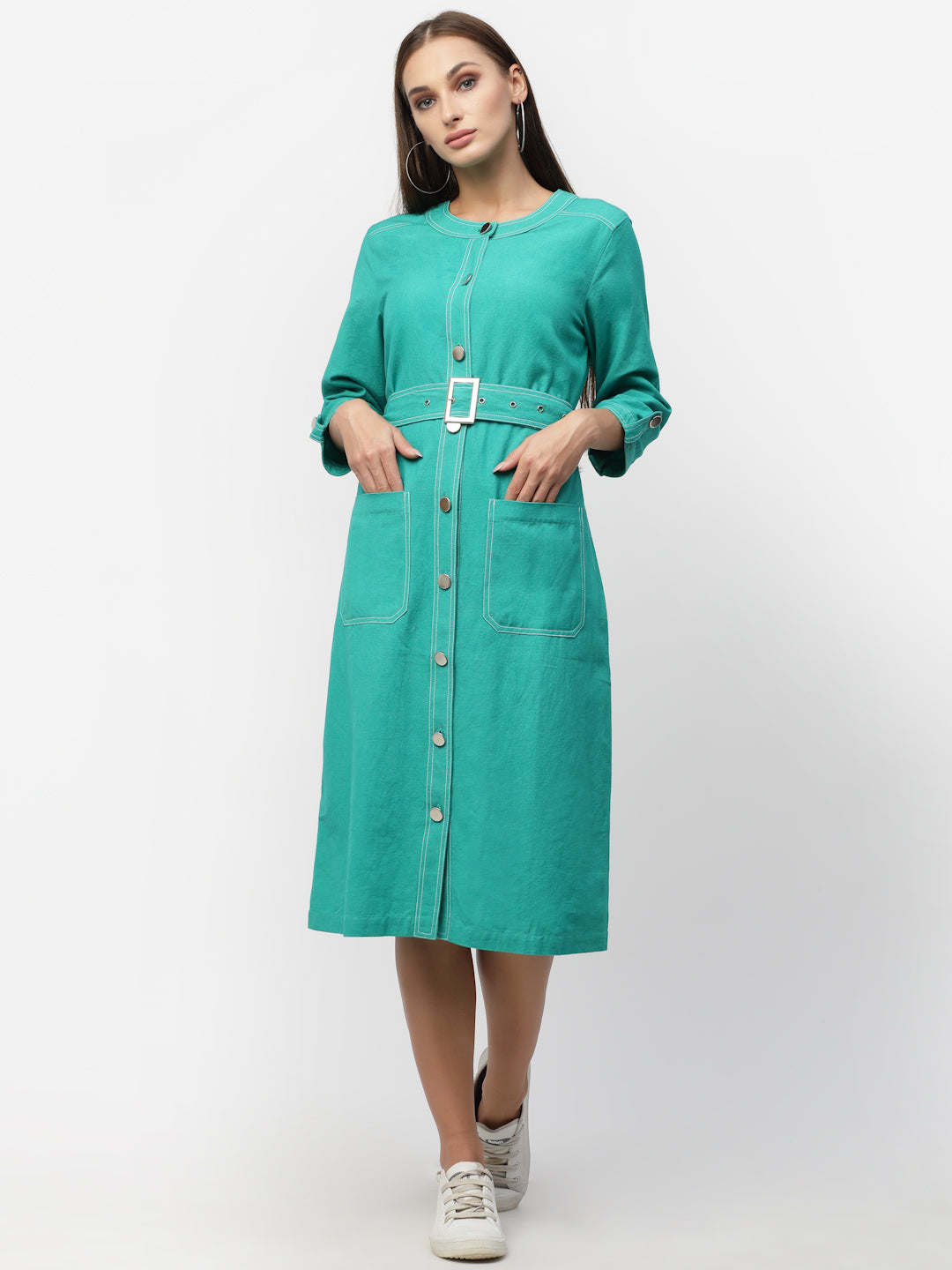 Blanc9 Green With Silver Buckle Belt Dress-B9DR118