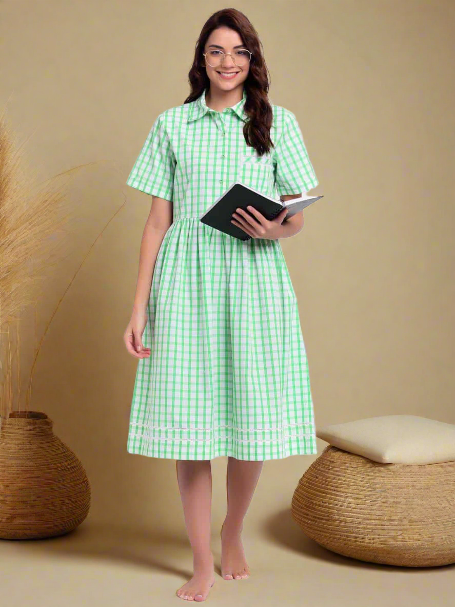 Green and White Checks Night Dress