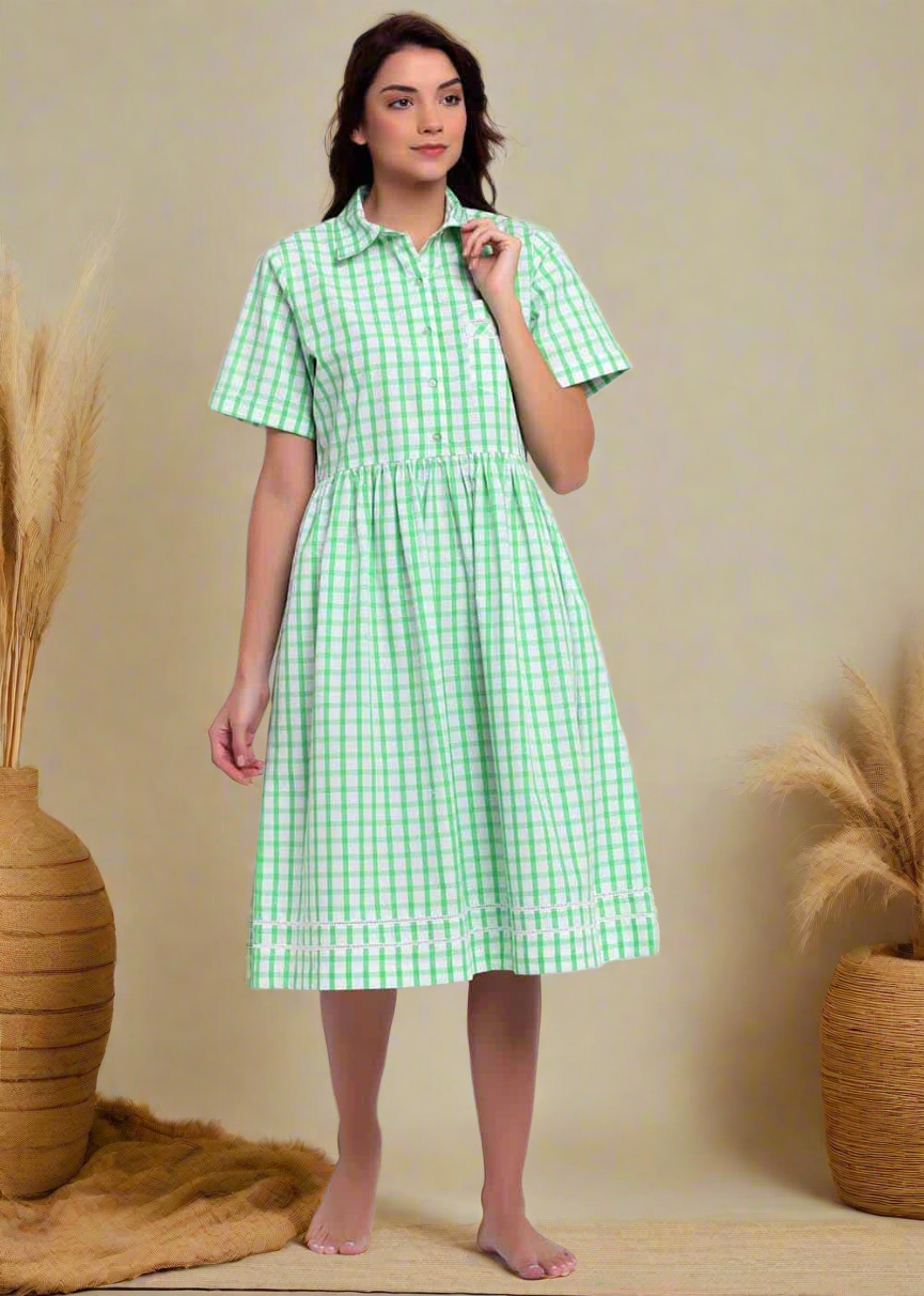 Green and White Checks Night Dress