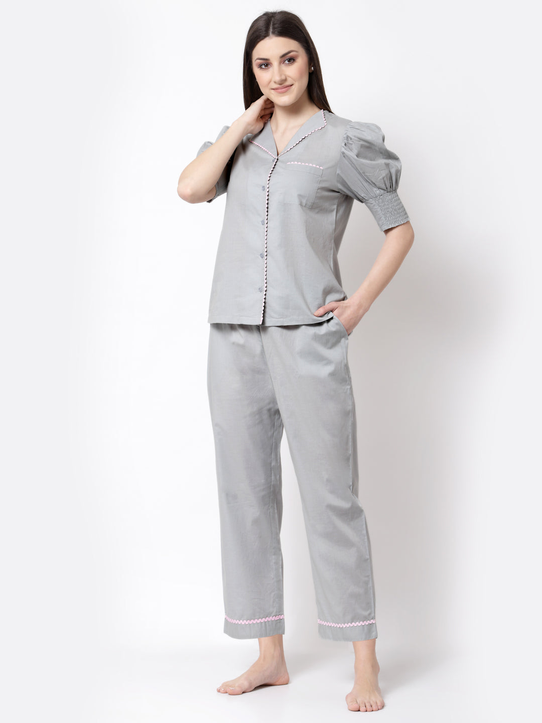 Blanc9 Grey With Light Pink Lace Pyjama Night Suit-B9NW33