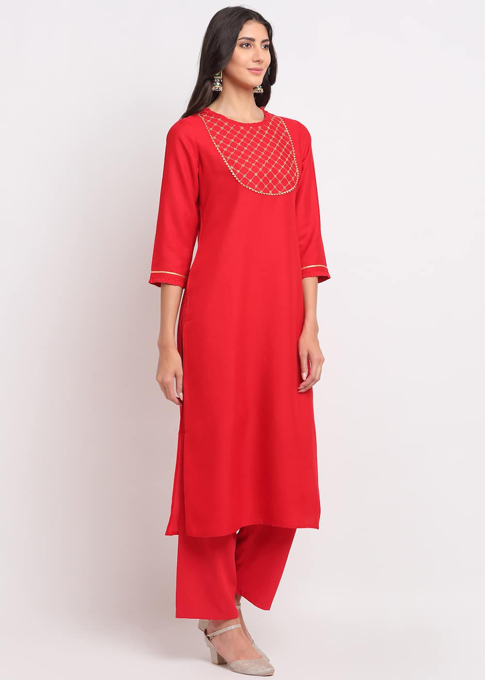 Blanc9 Grid Embroidered Yoke Kurti-B9FV07R