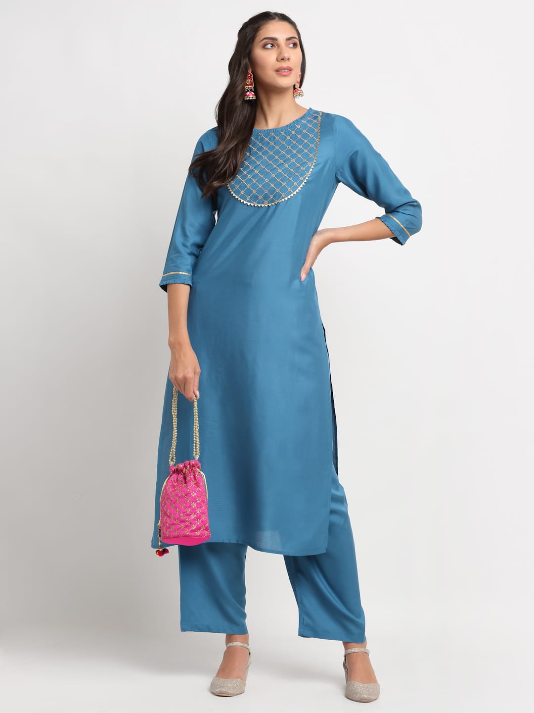 Blanc9 Grid Embroidered Yoke Kurti-B9FV07T