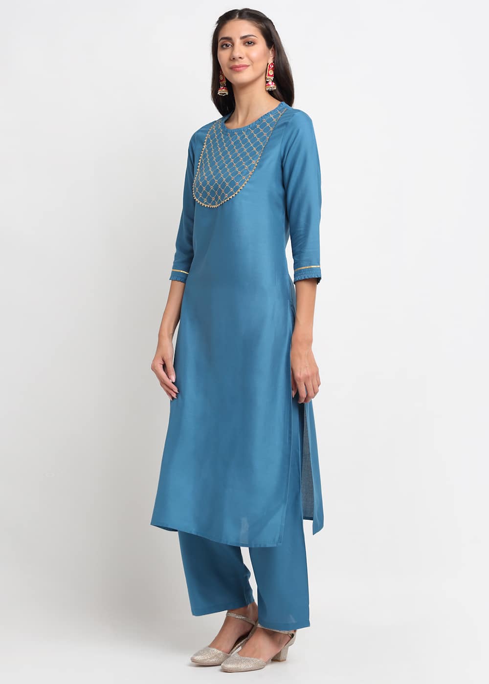 Blanc9 Grid Embroidered Yoke Kurti-B9FV07T