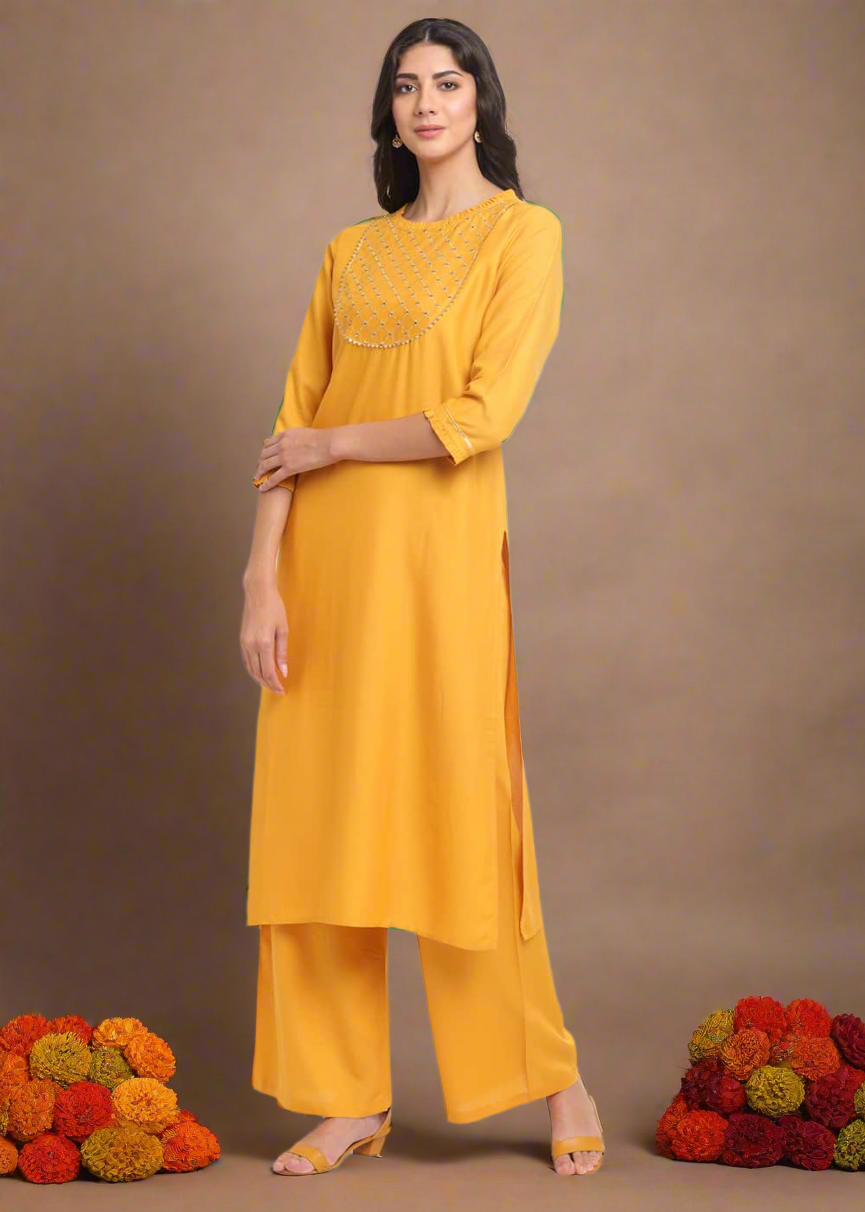 Grid Embroidered Yoke Kurti