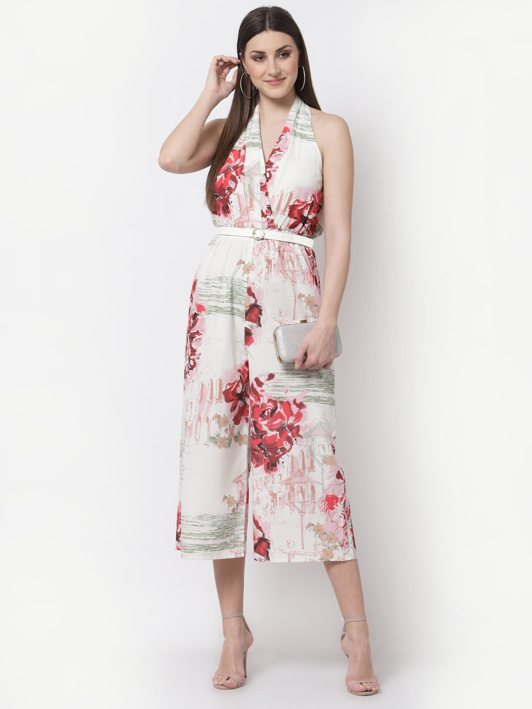 Halter Neck Floral Printed Jumpsuit With Belt