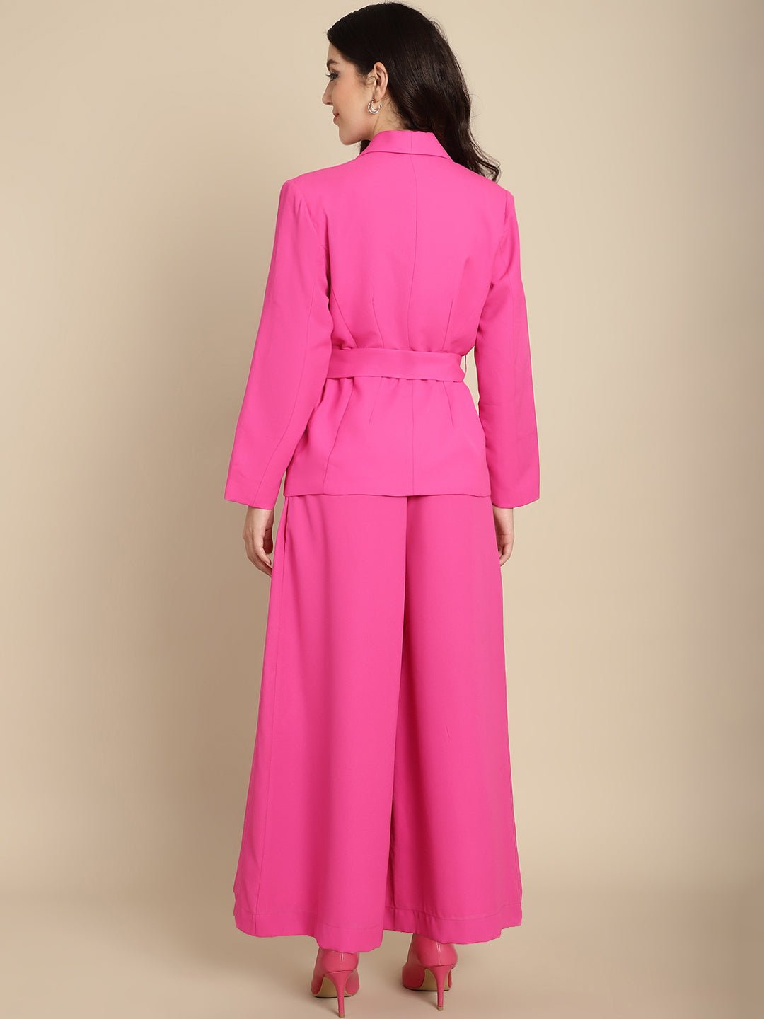 Hot Pink Blazer Trouser Set With Crop Top