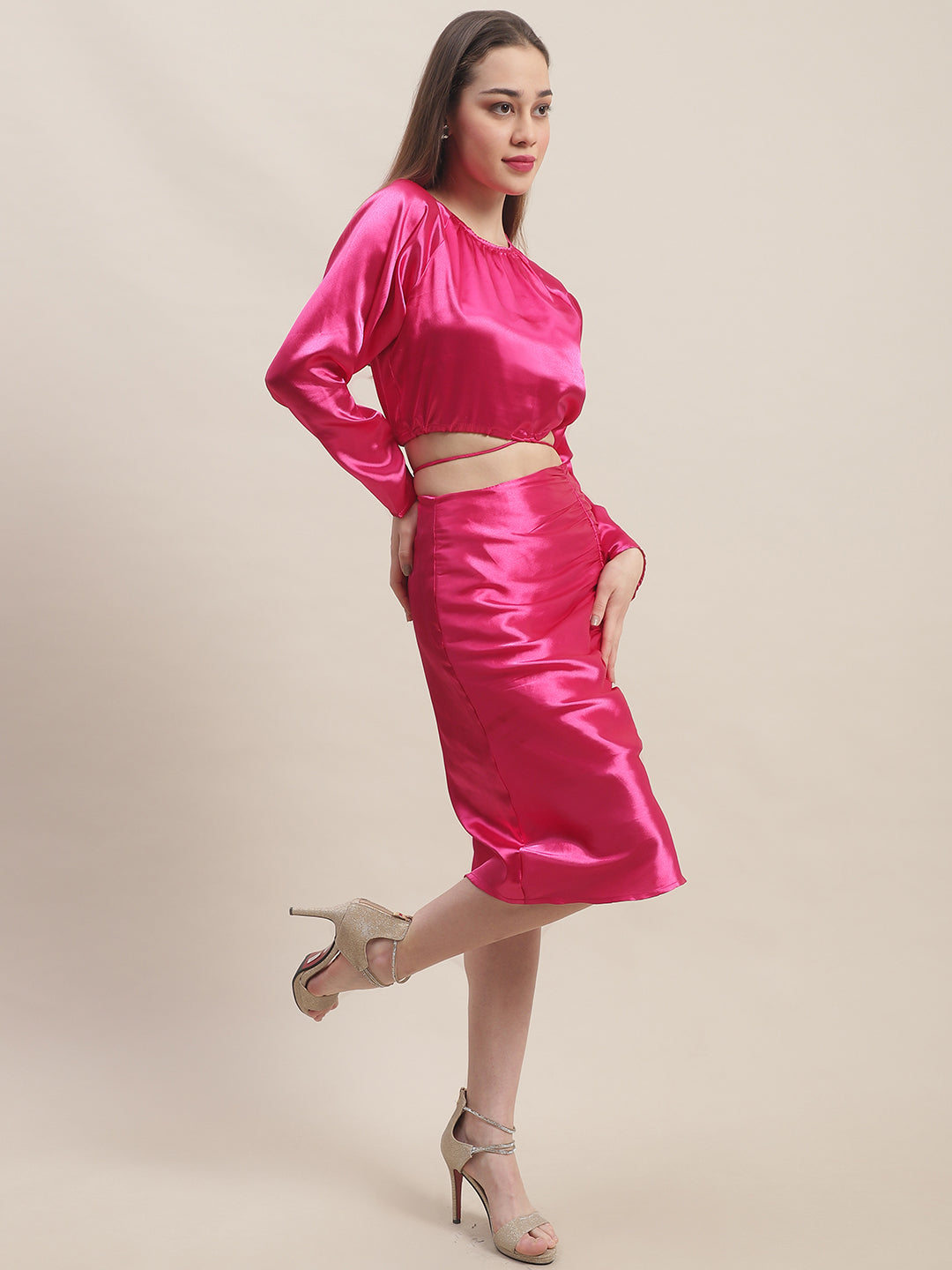 Blanc9 Hot Pink Top With Midi Skirt Co-Ord Set