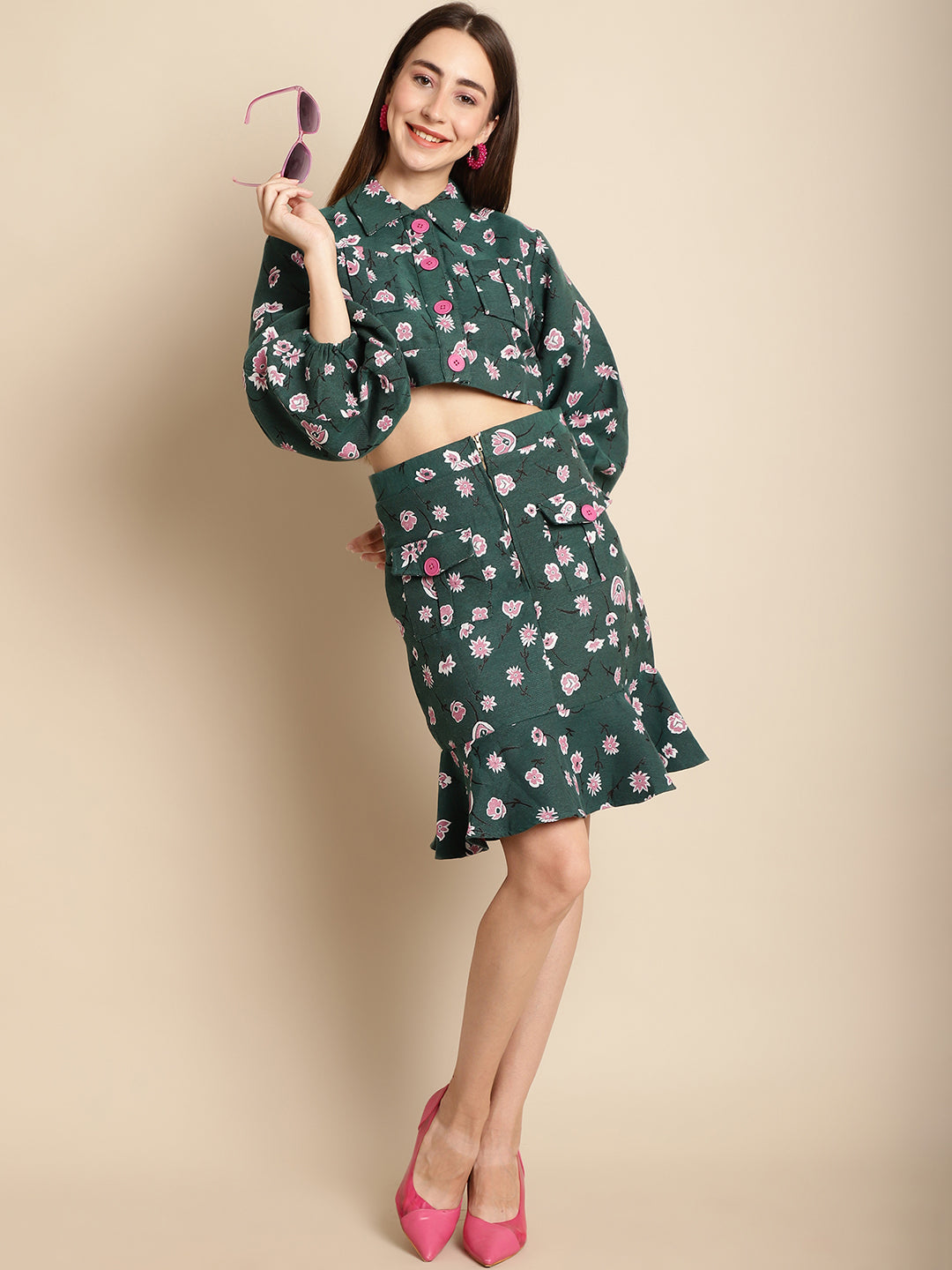 Blanc9 Jacquard Green Floral Jacket With Skirt Co-Ord Set-B9ST04