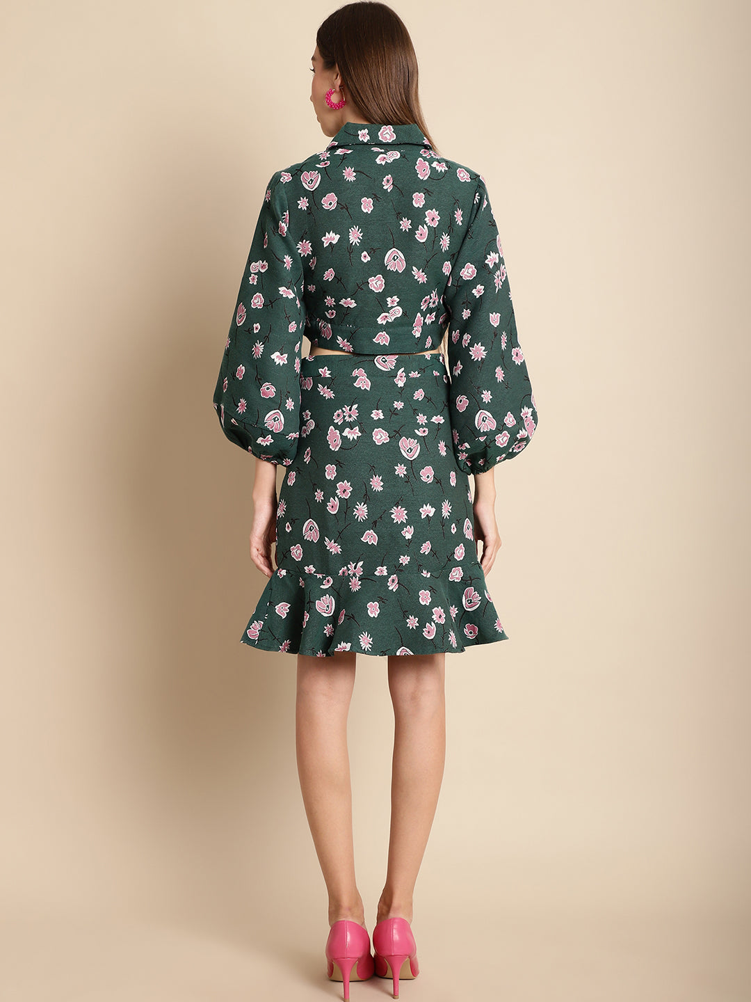 Blanc9 Jacquard Green Floral Jacket With Skirt Co-Ord Set-B9ST04