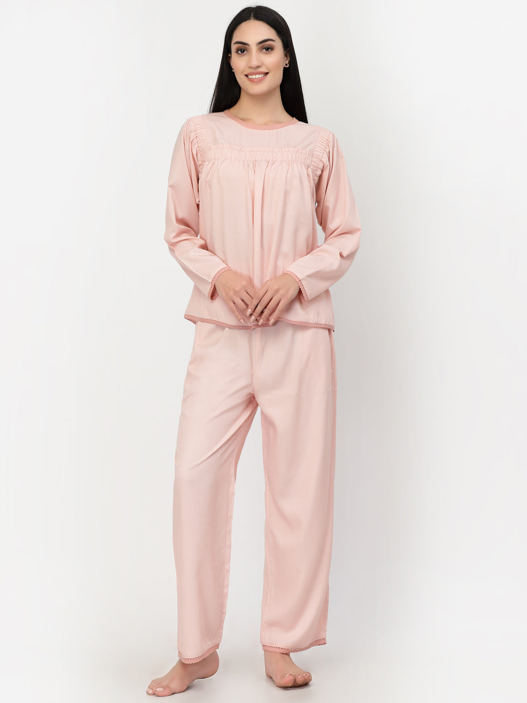 Blanc9 Laced Cotton Top With Pyjama Set-B9NW72