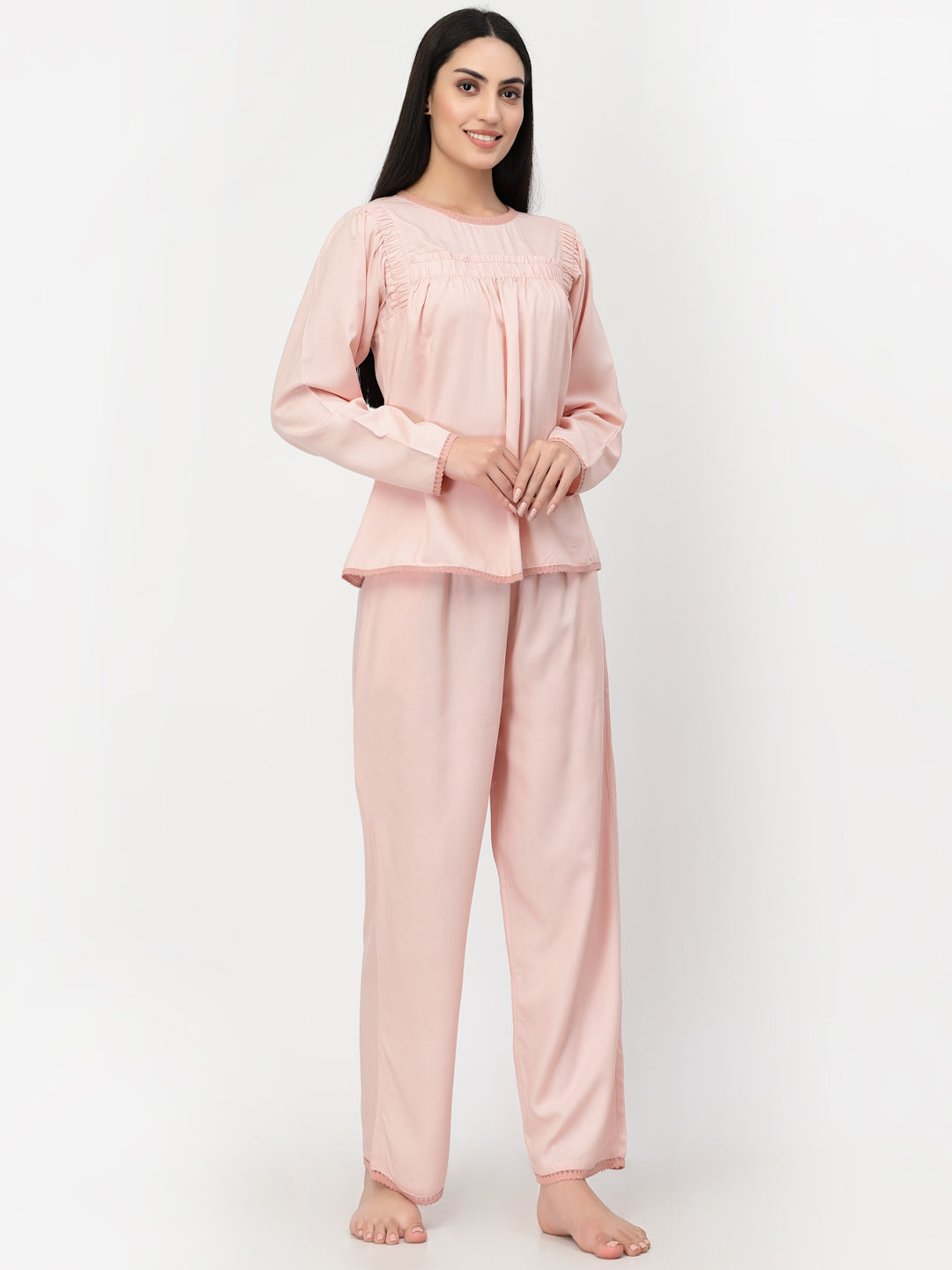 Blanc9 Laced Cotton Top With Pyjama Set-B9NW72