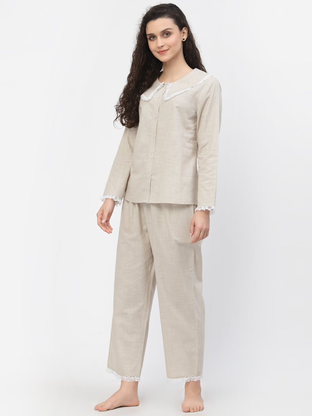 Blanc9 Lacy Cotton Beige Pretty Pyjama Night Suit-B9NW41BG