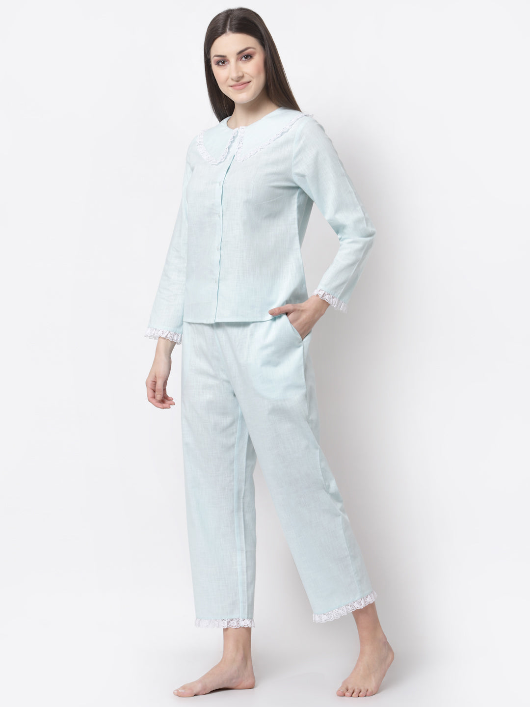Blanc9 Lacy Cotton Blue Pretty Pyjama Night Suit-B9NW41