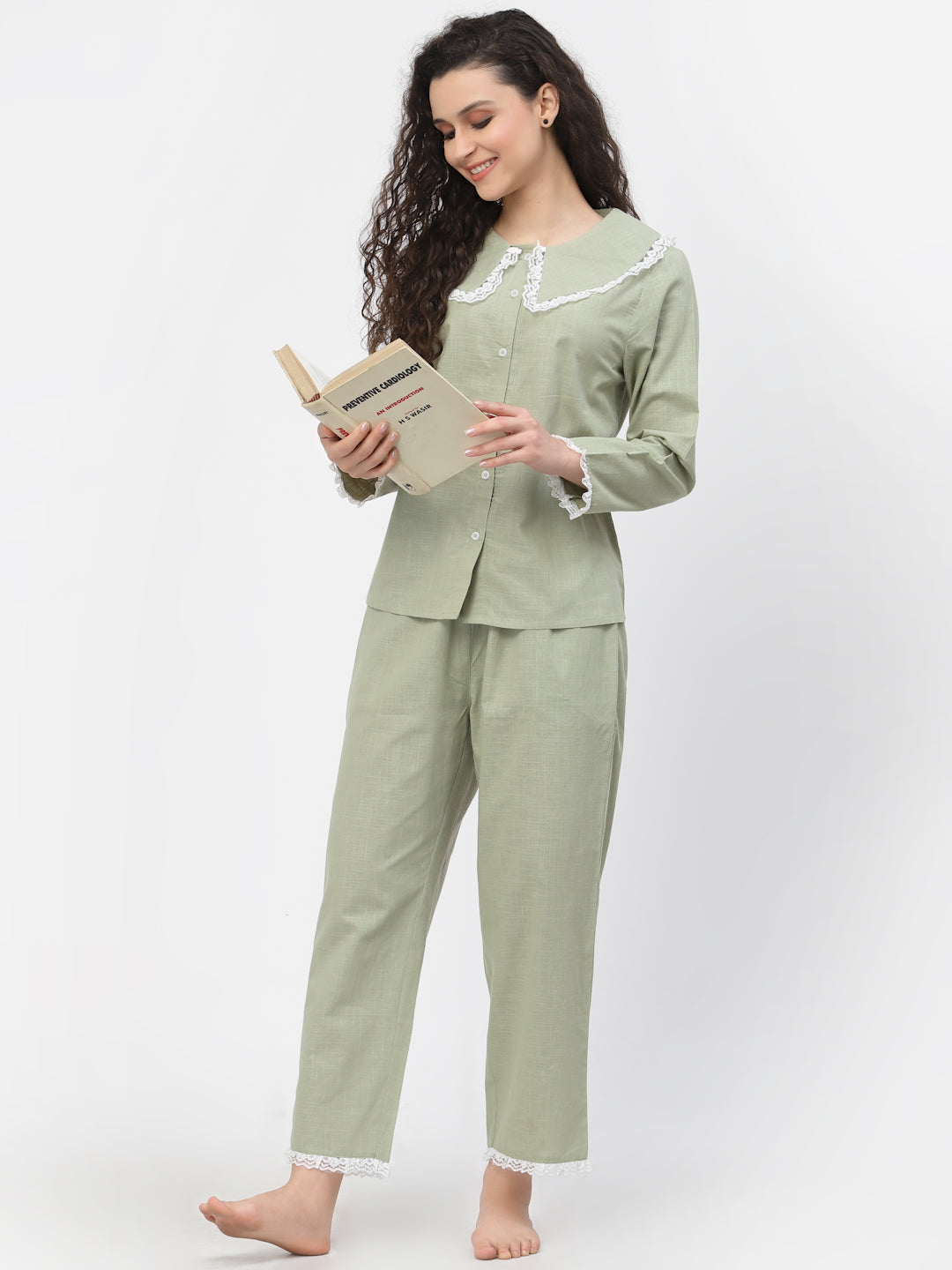 Blanc9 Lacy Cotton Green Pretty Pyjama Night Suit-B9NW41GN
