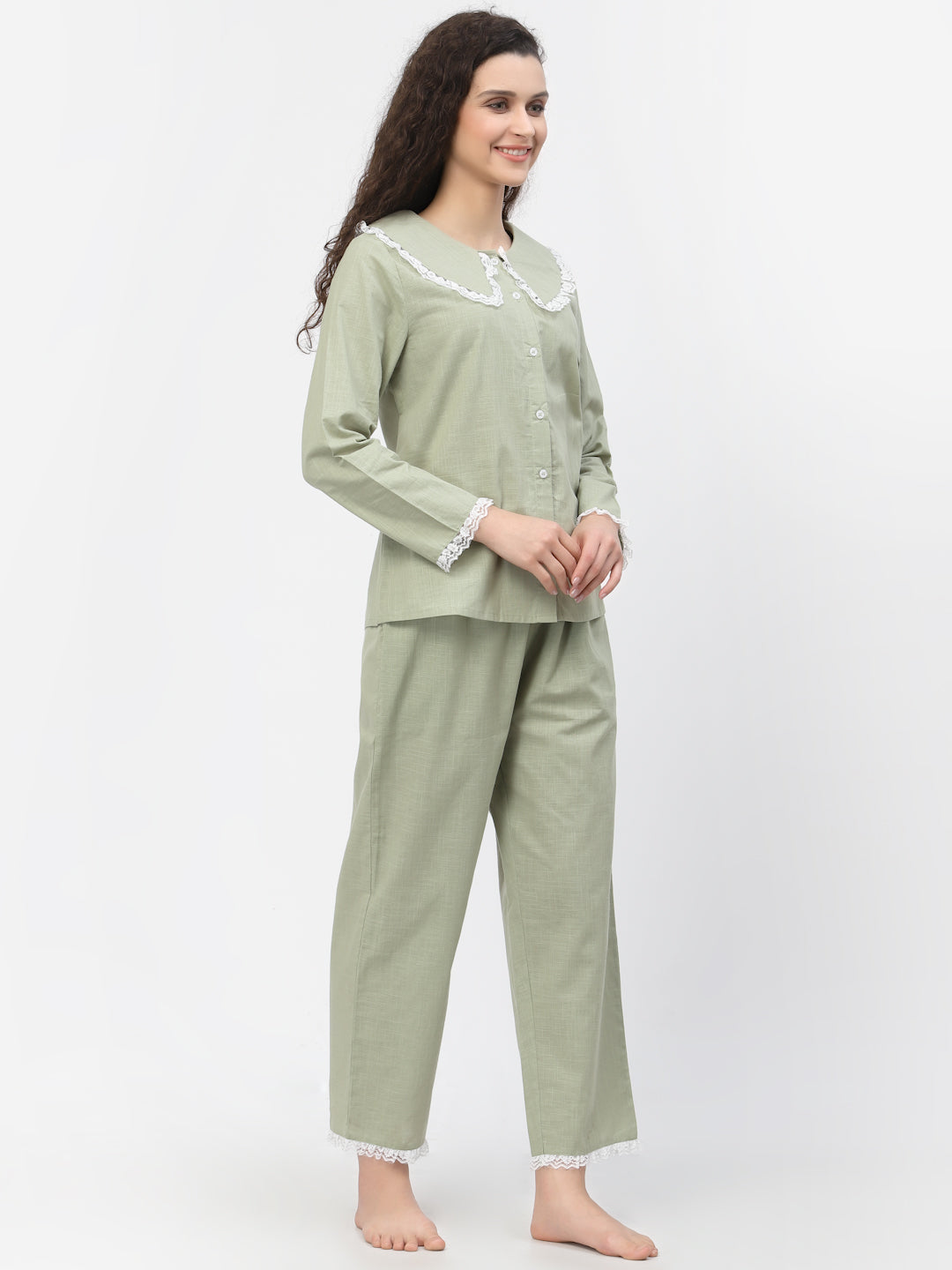 Blanc9 Lacy Cotton Green Pretty Pyjama Night Suit-B9NW41GN