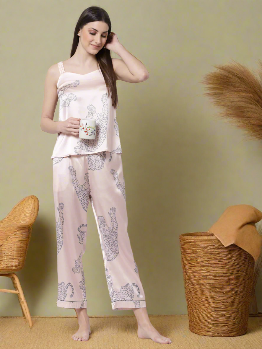 Leopard Printed Peach And Grey Pyjama Night Suit