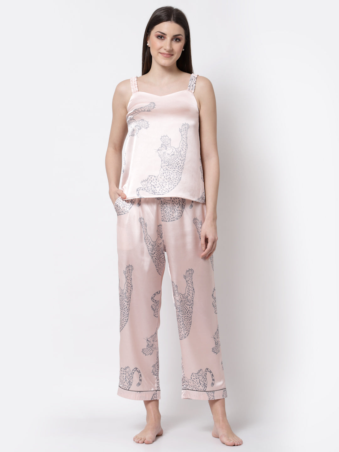 Blanc9 Leopard Printed Peach And Grey Pyjama Night Suit-B9NW38P