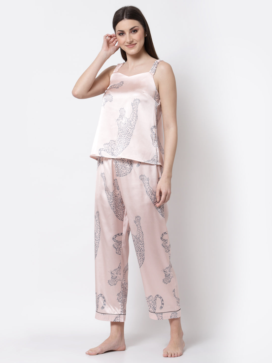 Blanc9 Leopard Printed Peach And Grey Pyjama Night Suit-B9NW38P