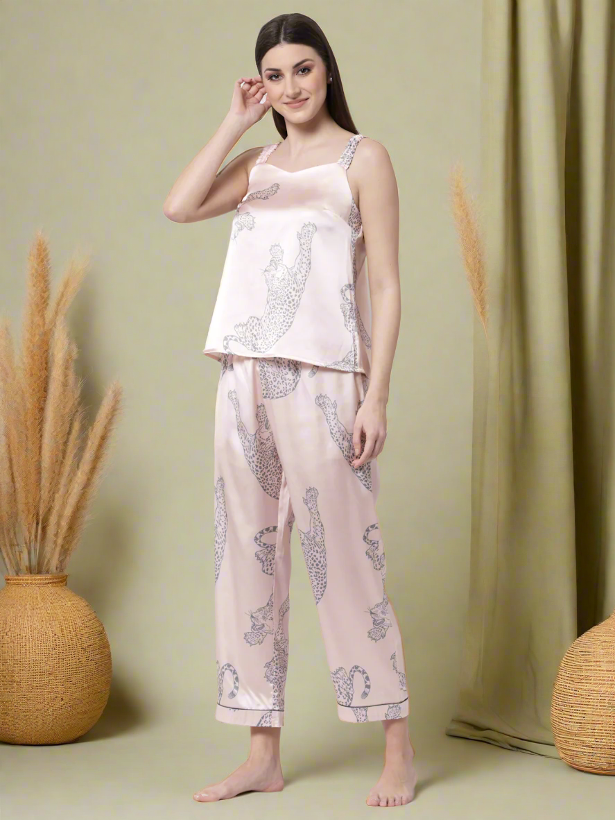 Leopard Printed Peach And Grey Pyjama Night Suit