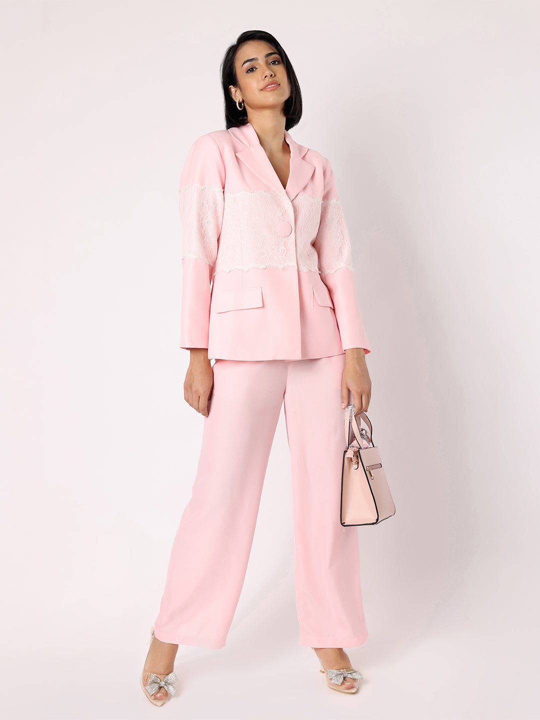 Blanc9 Light Pink Lace Patch Blazer Trouser Set