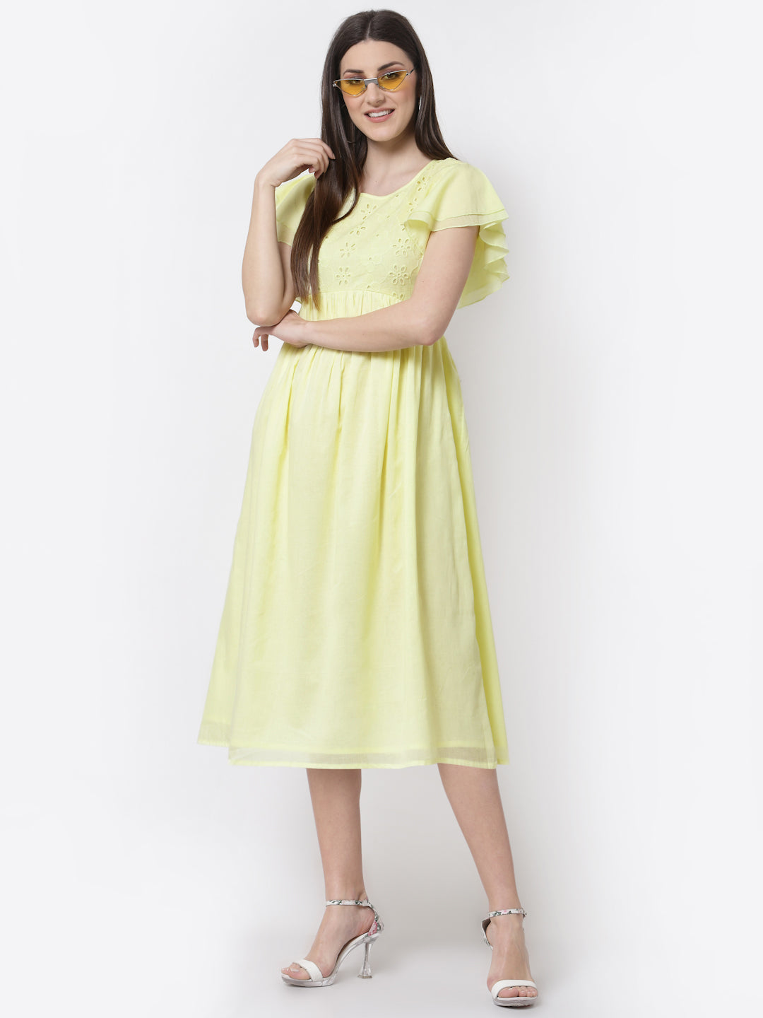 Blanc9 Lime Yellow Schiffli Yoke Dress-B9DR84