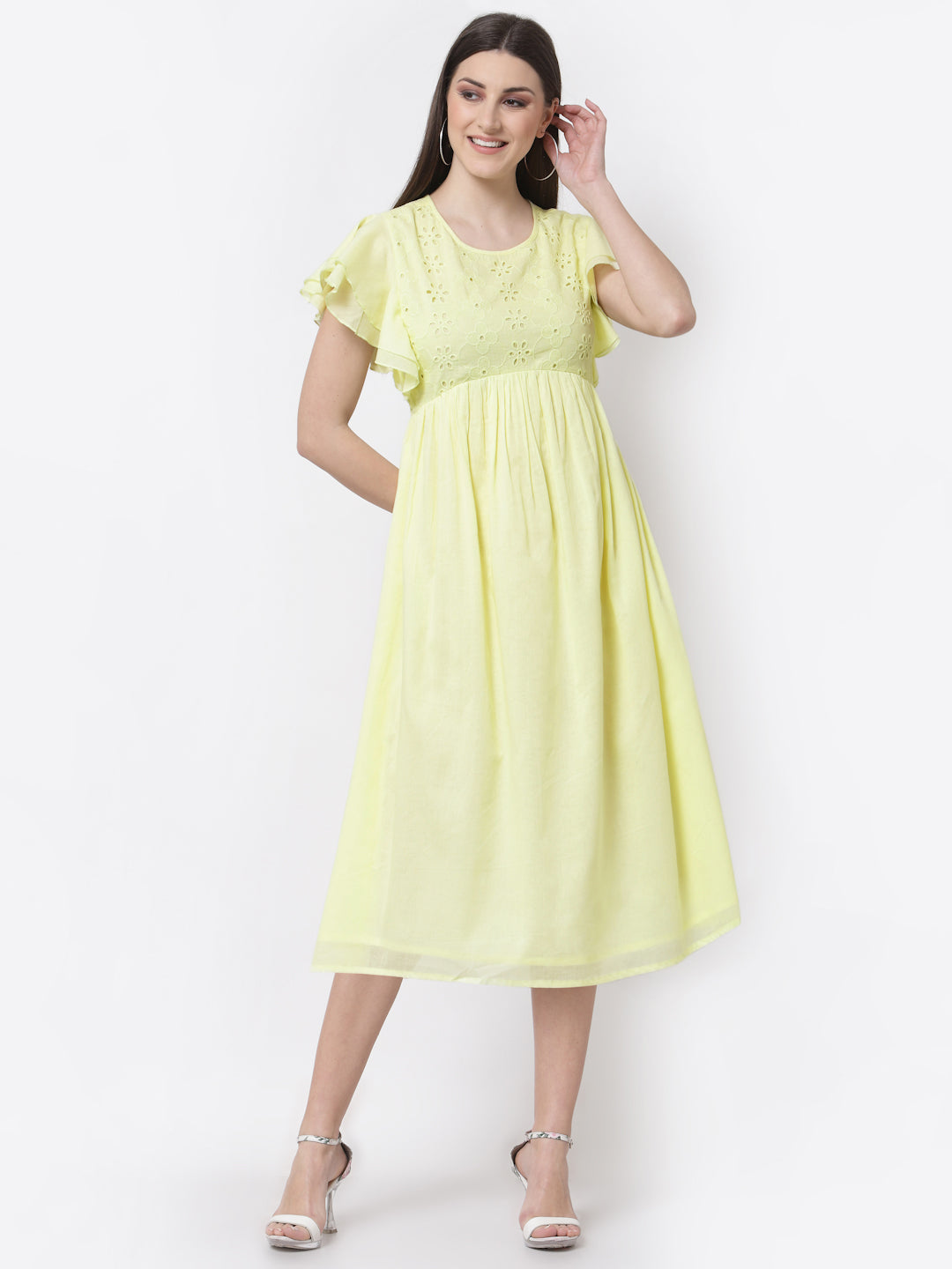 Blanc9 Lime Yellow Schiffli Yoke Dress-B9DR84