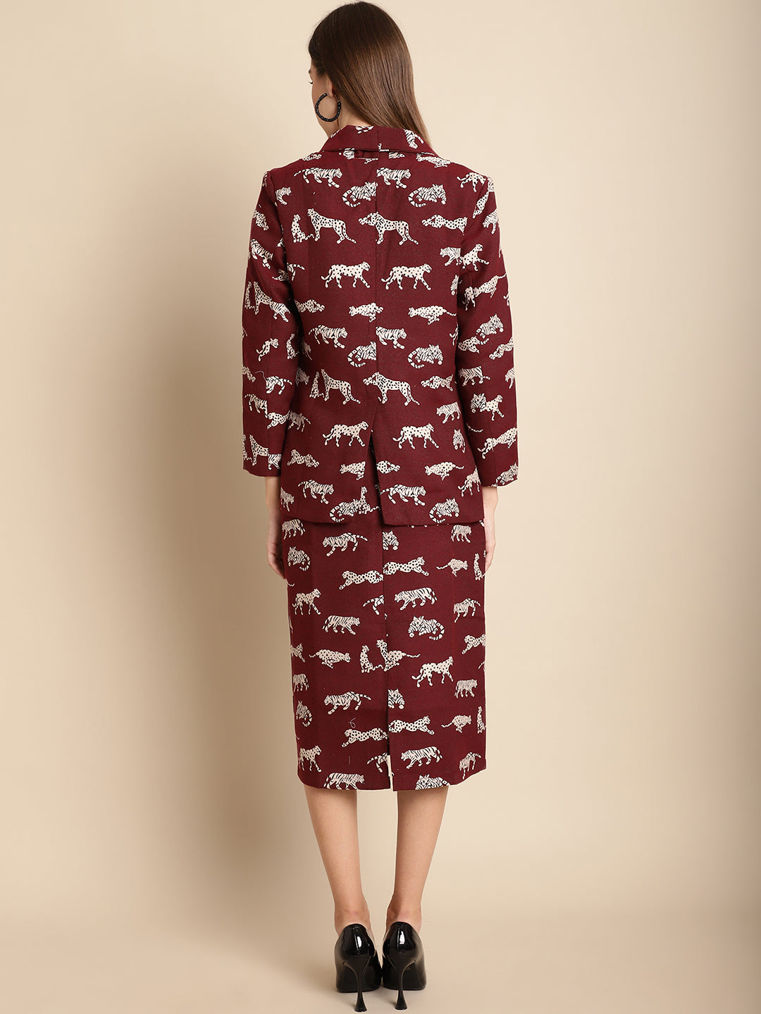 Blanc9 Maroon Tiger Patterned Coat With Long Skirt Co-Ord Set-B9ST02A