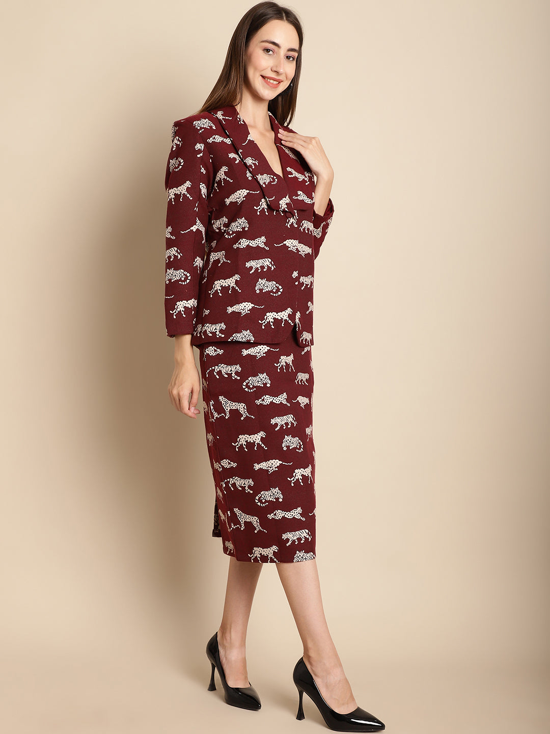 Blanc9 Maroon Tiger Patterned Coat With Long Skirt Co-Ord Set-B9ST02A