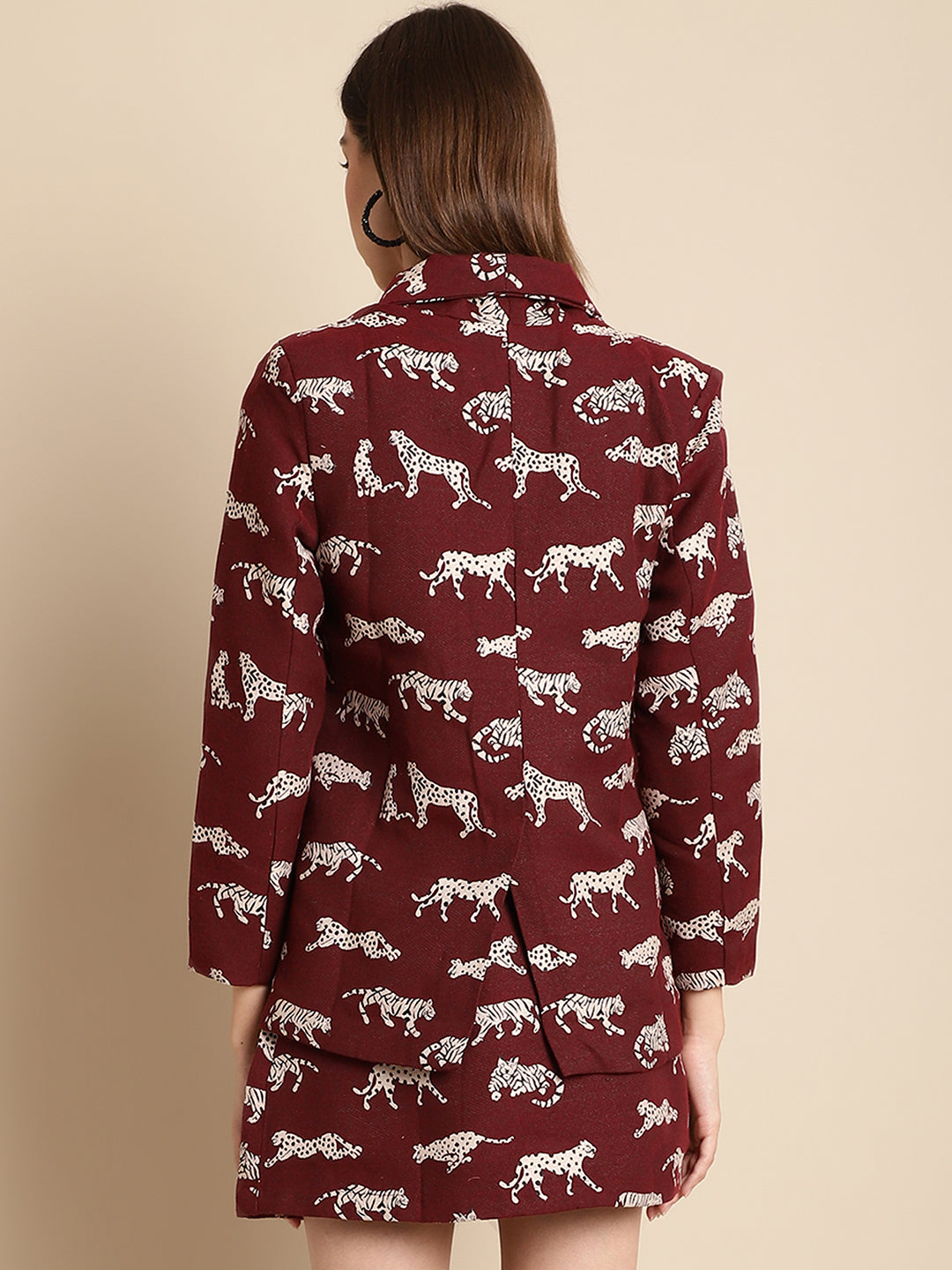 Blanc9 Maroon Tiger Patterned Coat With Skirt Co-Ord Set