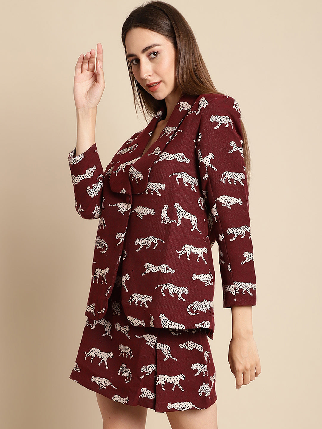 Blanc9 Maroon Tiger Patterned Coat With Skirt Co-Ord Set